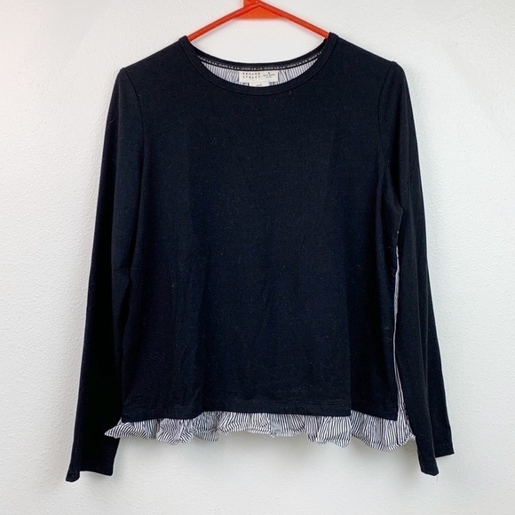 Kate Spade Broome Street fine knit front striped cotton back ruffle trim top EUC - Picture 2 of 7